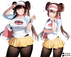Rule 34 | 2girls, bag, black pantyhose, blue eyes, blue shirt, breasts, brown hair, commentary, contrapposto, cosplay, cowboy shot, creatures (company), curvy, double bun, doughnut hair bun, english commentary, game freak, grey eyes, hair between eyes, hair bun, hand on headwear, hand on own chin, handbag, heart, highres, holding, holding poke ball, large breasts, long hair, looking at another, looking at viewer, multiple girls, nintendo, original, pantyhose, pantyhose under shorts, patreon username, pink headwear, plump, poke ball, poke ball print, pokemon, pokemon bw2, raglan sleeves, rosa (pokemon), rosa (pokemon) (cosplay), shirt, shorts, smile, sparkle, stroking own chin, thick eyebrows, twintails, twitter username, two-tone headwear, two-tone shirt, very long hair, visor cap, white background, white headwear, white shirt, yellow shorts, zasshu