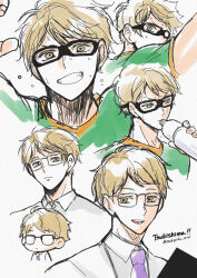 Rule 34 | 1boy, blonde hair, bottle, collared shirt, glasses, haikyuu!!, highres, holding, holding bottle, looking at viewer, male focus, necktie, open mouth, purple necktie, shirt, short sleeves, solo, sportswear, sweat, teeth, tomopiko 1224, tsukishima kei, upper body, upper teeth only, volleyball uniform, water bottle, white shirt