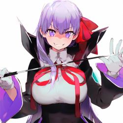 Rule 34 | 1girl, bad id, bad twitter id, bb (fate), bb (fate/extra), bow, breasts, cape, collar, fate/extra, fate (series), gloves, grin, hair ribbon, large breasts, long hair, long sleeves, looking at viewer, namie-kun, purple eyes, purple hair, ribbon, smile, solo, wand, white background