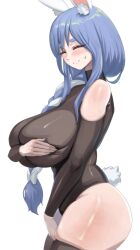 Rule 34 | 1girl, animal ear fluff, animal ears, black bodysuit, black thighhighs, blue hair, blush, bodysuit, braid, braided ponytail, breasts, closed eyes, closed mouth, covering breasts, covering privates, dalcom, hair over shoulder, hand on own chest, highres, hololive, large breasts, mature female, multicolored hair, pekomama, rabbit ears, rabbit girl, rabbit tail, short hair, smile, solo, streaked hair, tail, thighhighs, virtual youtuber, white background, white hair