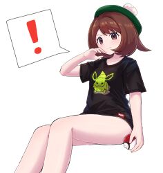Rule 34 | !, 1girl, black shirt, blush, bottomless, brown eyes, brown hair, character print, closed mouth, collarbone, commentary request, creatures (company), eevee, game freak, gen 1 pokemon, gloria (pokemon), green hat, hand up, hat, highres, holding, holding poke ball, invisible chair, kutabireta neko, nintendo, poke ball, poke ball (basic), pokemon, pokemon swsh, shirt, short sleeves, simple background, sitting, smile, solo, spoken exclamation mark, t-shirt, tam o&#039; shanter, white background