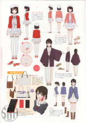 Rule 34 | 1girl, bag, beret, bobby socks, boots, brown eyes, brown hair, cellphone, character profile, character sheet, concept art, dress, expressions, female focus, flower ornament, hat, highres, japanese clothes, katou megumi, legs, looking at viewer, mary janes, miniskirt, multiple views, official art, panties, phone, ponytail, saenai heroine no sodatekata, sandals, school uniform, shoes, short hair, skirt, smartphone, smile, socks, thighhighs, turnaround, underwear, uniform, watermark, white background, white dress, white panties