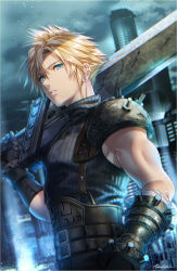 Rule 34 | 1boy, absurdres, armor, belt, black belt, black gloves, black shirt, blonde hair, blue eyes, blurry, blurry background, building, buster sword, closed mouth, cloud, cloud strife, cloudy sky, commentary, depth of field, earrings, english commentary, final fantasy, final fantasy vii, final fantasy vii remake, gauntlets, gloves, grey sky, highres, holding, holding sword, holding weapon, iria (yumeirokingyo), jewelry, light particles, male focus, overcast, pauldrons, shirt, short hair, shoulder armor, sky, sleeveless, sleeveless shirt, solo, spiked hair, sword, weapon