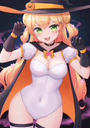 Rule 34 | 1girl, absurdres, black gloves, blonde hair, breasts, cape, cleavage, gloves, green eyes, halloween, hat, highres, hololive, looking at viewer, medium breasts, momosuzu nene, open mouth, smile, solo, typho, virtual youtuber