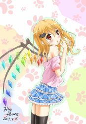 Rule 34 | 1girl, :o, alternate costume, artist name, bare shoulders, bat hair ornament, black thighhighs, blonde hair, blush, contemporary, dated, fingernails, flandre scarlet, hair ornament, hand on own face, highres, hira (zlpabrams), looking at viewer, multicolored background, off shoulder, paw print, red eyes, shadow, short hair, side ponytail, skirt, solo, tank top, thighhighs, touhou, wings
