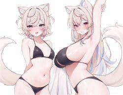 2girls :3 :d alternate_costume animal_ear_fluff animal_ears arm_behind_back armpits arms_up bikini black_bikini blonde_hair blue_eyes blue_hair blush breasts commentary cowboy_shot crossed_bangs dog_ears dog_girl dog_tail double-parted_bangs fuwawa_abyssgard hair_between_eyes hair_intakes halterneck highres holding holding_towel hololive hololive_english large_breasts long_hair looking_at_viewer miyuchiq mococo_abyssgard multicolored_hair multiple_girls navel open_mouth pink_eyes pink_hair short_hair siblings sideboob simple_background sisters small_breasts smile stomach streaked_hair string_bikini swimsuit tail towel twins two_side_up virtual_youtuber wet white_background