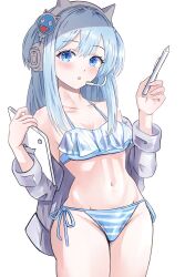 1girl :o alternate_costume bare_shoulders bikini blue_eyes blue_hair breasts commentary_request cowboy_shot goddess_of_victory:_nikke grey_jacket headphones highres holding holding_pen holding_tablet_pc jacket long_hair lunati_nikke navel pen shifty_(nikke) side-tie_bikini_bottom small_breasts solo stomach striped_bikini striped_clothes swimsuit tablet_pc thighs