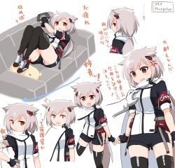 Rule 34 | 1girl, anger vein, azur lane, black gloves, black thighhighs, brown eyes, capelet, character name, commentary request, couch, fingerless gloves, gloves, hair ornament, highres, long hair, looking at viewer, lying, montpelier (azur lane), on back, on couch, open mouth, pasukumeru, short sleeves, thighhighs, translation request