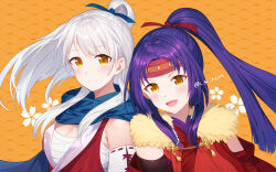 Rule 34 | 2girls, :d, blue scarf, breasts, cleavage, detached sleeves, fire emblem, fire emblem: radiant dawn, fire emblem heroes, headband, highres, japanese clothes, large breasts, long hair, looking at viewer, micaiah (fire emblem), micaiah (ninja) (fire emblem), multiple girls, nintendo, official alternate costume, official alternate hairstyle, open mouth, ponytail, purple hair, red headband, s n reon, sanaki kirsch altina, sanaki kirsch altina (ninja), scarf, siblings, sisters, smile, twitter username, upper body, white hair, yellow eyes