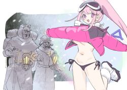 Rule 34 | 1girl, 2boys, belt, bikini, black bikini, blue archive, boots, breasts, commentary, crossover, eimi (blue archive), eimi (swimsuit) (blue archive), facial hair, frostpunk, goggles, goggles on head, halo, hat, highres, jacket, large breasts, long hair, long sleeves, looking at viewer, multiple boys, mustache, nemo (leafnight), open clothes, open jacket, open mouth, pink hair, pink jacket, ponytail, shoes, ski goggles, snowing, swimsuit, twitter username, white footwear