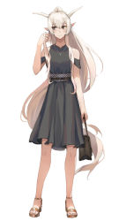 Rule 34 | 1girl, alternate costume, arknights, bag, bare legs, bare shoulders, belt, belt buckle, black dress, blush, brown eyes, brown footwear, buckle, casual, closed mouth, dress, full body, hand in own hair, handbag, high heels, highres, holding, holding bag, horns, ina (inadiary), jewelry, long hair, looking away, looking to the side, necklace, pointy ears, ponytail, shining (arknights), sidelocks, silver hair, simple background, sleeveless, sleeveless dress, solo, standing, very long hair, white background
