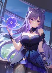 Rule 34 | 1girl, absurdres, bare shoulders, black dress, black pantyhose, blush, breasts, cleavage, collar, cone hair bun, cowboy shot, dress, electricity, genshin impact, hair bun, hand up, highres, indoors, keqing (genshin impact), keqing (opulent splendor) (genshin impact), lightria, long hair, looking at viewer, medium breasts, off-shoulder dress, off shoulder, official alternate costume, pantyhose, parted lips, purple eyes, purple hair, ribbon, short sleeves, solo, standing, twintails, very long hair, wrist ribbon