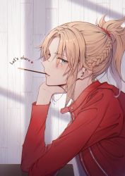 Rule 34 | 1girl, absurdres, bambi-25, blonde hair, blush, braid, fate/apocrypha, fate/grand order, fate (series), food, food in mouth, french braid, from side, green eyes, hair ornament, hair scrunchie, hand on own chin, highres, huge filesize, jacket, long hair, looking at viewer, mordred (fate), mordred (fate/apocrypha), open mouth, pocky, ponytail, red scrunchie, scrunchie, short hair, solo, table, wooden wall