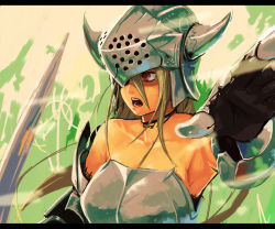 Rule 34 | 1girl, armor, armpits, bad id, bad pixiv id, bare shoulders, blonde hair, fake horns, foreshortening, gauntlets, helmet, horned helmet, horns, letterboxed, long hair, looking away, open mouth, original, outstretched arm, outstretched hand, red eyes, solo, yuuji (and)