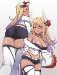 Rule 34 | 1girl, ass, bare shoulders, black panties, blonde hair, blush, breasts, collarbone, commentary request, dark-skinned female, dark skin, draph, elbow gloves, fang, fur trim, gloves, granblue fantasy, hair between eyes, highleg, highleg panties, highres, horns, jewelry, kumbhira (granblue fantasy), large breasts, long hair, looking at viewer, navel, necklace, open mouth, panties, pointy ears, short shorts, shorts, simple background, skindentation, smile, solo, spicy moo, thighhighs, underwear, white thighhighs