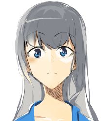 Rule 34 | 1girl, alice gear aegis, blue eyes, character request, closed mouth, doko tetora, grey hair, long hair, looking at viewer, portrait, simple background, solo, white background
