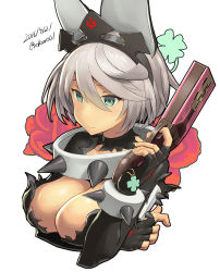 Rule 34 | 1girl, alternate hair color, black gloves, blue eyes, bracelet, breast hold, breasts, cleavage, collar, dated, elbow gloves, elphelt valentine, finger on trigger, gloves, guilty gear, guilty gear xrd, gun, hair between eyes, handgun, hat, highres, jewelry, large breasts, pistol, silver hair, solo, spiked bracelet, spiked collar, spikes, spoilers, twitter username, upper body, weapon, zaki (narashigeo)