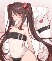 Rule 34 | 1girl, alternate costume, artist name, blush, boo tao (genshin impact), breasts, brown eyes, brown hair, chikenryice, closed mouth, flower, flower-shaped pupils, genshin impact, gris swimsuit, hair between eyes, hair flower, hair ornament, highres, hu tao (genshin impact), long hair, looking at viewer, meme attire, navel, see-through, see-through swimsuit, small breasts, smile, stomach, strapless, strapless one-piece swimsuit, swimsuit, symbol-shaped pupils, twintails