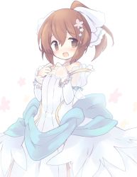 Rule 34 | 1girl, bad id, bad twitter id, bare shoulders, blush, bow, brown eyes, brown hair, delthea (fire emblem), dress, fang, fire emblem, fire emblem echoes: shadows of valentia, fire emblem heroes, jewelry, long hair, nintendo, open mouth, ponytail, simple background, smile, solo, teu (navy), wedding dress, white background
