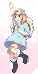 Rule 34 | 10s, 1girl, :d, arm up, black footwear, blue shirt, boots, brown hat, brown shorts, character name, clothes writing, commentary request, flat cap, full body, hair between eyes, hat, hataraku saibou, highres, knee boots, light brown hair, long hair, looking away, olive (laai), open mouth, platelet (hataraku saibou), red eyes, rubber boots, shirt, short shorts, short sleeves, shorts, smile, solo, very long hair