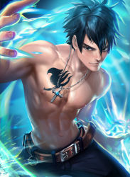 Rule 34 | 1boy, abs, belt, black hair, blue eyes, cowboy shot, cross, cross necklace, fairy tail, gray fullbuster, highres, ice, jewelry, magic, male focus, navel, necklace, nipples, sakimichan, topless male, short hair, smirk, solo, tattoo, toned