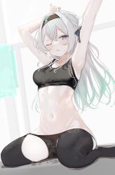 Rule 34 | 1girl, absurdres, alternate costume, armpits, arms up, black hairband, black panties, black sports bra, black thighhighs, blush, breasts, firefly (honkai: star rail), grey hair, hair between eyes, hairband, hands up, highres, honkai: star rail, honkai (series), indoors, long hair, looking to the side, medium breasts, navel, nei1122, one eye closed, panties, panty pull, purple eyes, sitting, solo, sports bra, stomach, sweat, thighhighs, tongue, tongue out, underwear, wariza