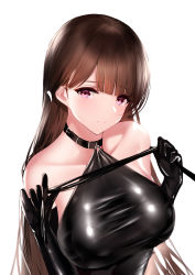 Rule 34 | 1girl, absurdres, an yasuri, bare shoulders, black gloves, breasts, brown hair, choker, collarbone, dominatrix, dress, elbow gloves, flogger, gloves, halter dress, halterneck, highres, holding, large breasts, latex, latex dress, latex gloves, long hair, looking at viewer, original, pink eyes, revision, simple background, sleeveless, sleeveless dress, smile, solo, taut clothes, taut dress, upper body, white background