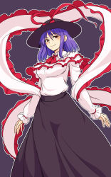 Rule 34 | 1girl, black hat, black skirt, bow, capelet, closed mouth, collared shirt, dark background, frilled shawl, frills, hair between eyes, hat, hat bow, highres, kakone, long sleeves, looking at viewer, medium hair, nagae iku, one-hour drawing challenge, purple hair, red bow, red eyes, red neckwear, shawl, shirt, simple background, skirt, smile, solo, standing, touhou, white capelet, white shirt