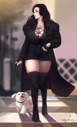 Rule 34 | 1girl, artist name, beryl (junkpuyo), black coat, black gloves, black shirt, black skirt, black thighhighs, blurry, boots, breasts, cleavage, coat, collar, collarbone, criss-cross halter, curvy, depth of field, dog, dress, earmuffs, female focus, fingerless gloves, full body, fur-trimmed coat, fur collar, fur trim, gloves, halterneck, highres, huge breasts, jewelry, junkpuyo, large breasts, leash, long hair, looking at another, looking to the side, miniskirt, necklace, open clothes, open coat, original, outdoors, parted lips, pencil skirt, purple eyes, purple hair, ring, road, shirt, shirt tucked in, skirt, solo, standing, street, thigh boots, thighhighs, thighs, tongue, tongue out, walking, wedding band, wedding ring, zettai ryouiki