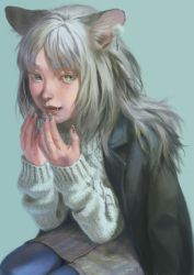 Rule 34 | 1girl, absurdres, animal ears, blue background, cat ears, cat girl, earrings, fangs, female focus, grey hair, highres, jewelry, long hair, nail polish, open mouth, original, parted bangs, realistic, simple background, sitting, solo, sweater, tunapon01
