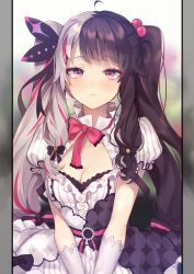 Rule 34 | 1girl, ahoge, black bow, black hair, blurry, blurry background, blush, bow, bowtie, breasts, closed mouth, commentary, depth of field, dress, gloves, hair bobbles, hair bow, hair ornament, highres, long hair, looking at viewer, medium breasts, multicolored hair, nijisanji, pink bow, pink bowtie, puffy short sleeves, puffy sleeves, purple eyes, red eyes, red hair, short sleeves, silver hair, solo, split-color hair, streaked hair, striped clothes, striped dress, tnk319, two-tone hair, upper body, vertical-striped clothes, vertical-striped dress, very long hair, virtual youtuber, white gloves, yorumi rena, yorumi rena (1st costume)