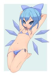 Rule 34 | 1girl, a.l.l., armpits, arms behind head, bad id, bad pixiv id, bikini, blue eyes, blue hair, cirno, flat chest, hair ribbon, highres, ice, ice wings, lowleg, lowleg bikini, matching hair/eyes, micro bikini, mouth hold, naughty face, navel, purple bikini, ribbon, short hair, solo, swimsuit, touhou, wings