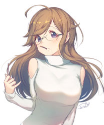 Rule 34 | 1girl, ahoge, bare shoulders, blue eyes, blush, breasts, brown hair, clothing cutout, food, glasses, kotoribako, large breasts, long hair, long sleeves, looking at viewer, mouth hold, original, pocky, pocky kiss, shared food, shoulder cutout, signature, simple background, sketch, solo, sweater, upper body, white background, white sweater