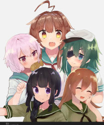 Rule 34 | 10s, 5girls, absurdres, ahoge, black hair, blunt bangs, braid, brown eyes, brown hair, closed eyes, commentary request, eyepatch, fang, food, green eyes, green hair, grey background, hand on own cheek, hand on own face, hat, highres, kantai collection, kiso (kancolle), kitakami (kancolle), kokushoku, kuma (kancolle), long hair, looking at viewer, mouth hold, multiple girls, neckerchief, ooi (kancolle), open mouth, pink hair, purple eyes, red eyes, red neckerchief, school uniform, serafuku, short hair, short sleeves, sidelocks, simple background, smile, taiyaki, tama (kancolle), wagashi