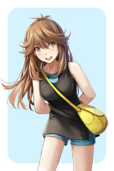 Rule 34 | 1girl, arms behind back, bag, blue background, blush, border, brown eyes, brown hair, commentary, contrapposto, creatures (company), game freak, green (pokemon), highres, leaning forward, long hair, messenger bag, nintendo, open mouth, pokemon, pokemon lgpe, redpoke, shorts, shoulder bag, simple background, smile, solo, tank top