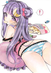 Rule 34 | 1girl, ass, blush, butt crack, candy, chips (food), crescent, eating, food, food in mouth, from behind, highres, long hair, looking at viewer, looking back, lying, mugicha (mugicha0929), on stomach, painting (medium), panties, patchouli knowledge, pillow, purple hair, sample watermark, solo, striped, touhou, traditional media, trefoil, underwear, underwear only, watercolor (medium), watermark