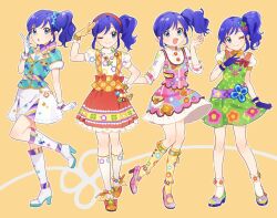 Rule 34 | :d, :o, aikatsu!, aikatsu! (series), arm at side, blue gloves, blue hair, blue scrunchie, blue shirt, booota, boots, clenched hand, dot nose, dress, earrings, floral print, frilled sleeves, frills, gloves, green dress, hair ornament, hair scrunchie, hairband, hand on own chest, hand on own hip, hand up, happy, high heel boots, high heels, index finger raised, jewelry, kiriya aoi, kneehighs, long sleeves, miniskirt, multiple views, one eye closed, open mouth, orange footwear, orange skirt, pearl anklet, pink dress, pink footwear, plaid clothes, plaid dress, red hairband, salute, scrunchie, shirt, shoes, short dress, short sleeves, side ponytail, sidelocks, skirt, smile, socks, standing, standing on one leg, suspender skirt, suspenders, white footwear, white gloves, white shirt, white skirt, white socks, yellow background, yellow gloves, yellow socks