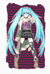 Rule 34 | 1girl, belt, blue hair, choker, coat, haineru, hatsune miku, long hair, off shoulder, pointing, skirt, solo, striped, striped background, thighhighs, torn clothes, torn thighhighs, twintails, very long hair, vocaloid