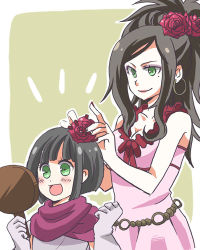 Rule 34 | 2girls, age difference, black hair, deborah (dq5), dragon quest, dragon quest v, flower, gloves, green eyes, hair flower, hair ornament, hero&#039;s daughter (dq5), lowres, mirror, mole, mole under eye, momoman3000, mother and daughter, multiple girls, rose, short hair, smile