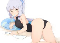 Rule 34 | 10s, 1girl, ass, blush, cole (coleltu), competition swimsuit, food, hair ribbon, innertube, kantai collection, looking at viewer, lying, mouth hold, murakumo (kancolle), one-piece swimsuit, popsicle, red ribbon, ribbon, sidelocks, silver hair, simple background, solo, swim ring, swimsuit, towel, tress ribbon, wet, white background, yellow eyes