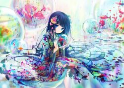 Rule 34 | 1girl, aquarium, ball, bare legs, black hair, blue eyes, blunt bangs, closed mouth, commentary request, eyebrows hidden by hair, fan hair ornament, feet out of frame, fish, floral print, flower, goldfish, hair flower, hair ornament, hair spread out, head tilt, highres, holding, holding ball, japanese clothes, kimono, long hair, long sleeves, looking at viewer, original, red flower, smile, solo, straight hair, tanishi (tanishi 0403), very long hair, wide sleeves