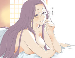 Rule 34 | 1girl, aftersex, architecture, breasts, collarbone, east asian architecture, fate/stay night, fate (series), glasses, heart, large breasts, long hair, looking at viewer, lying, medusa (fate), medusa (rider) (fate), mo (kireinamo), morning, on bed, on stomach, open mouth, pov across bed, purple eyes, purple hair, smile, topless, translated, under covers