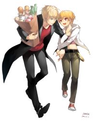 Rule 34 | 2boys, aged down, arm grab, arthur pendragon (fate), bag, baguette, blonde hair, bread, casual, child, child gilgamesh (fate), coat, fate/hollow ataraxia, fate/prototype, fate (series), food, gilgamesh (fate), green eyes, groceries, grocery bag, male focus, mayer, midriff, multiple boys, open mouth, paper bag, red eyes, shopping bag, short hair, sparkle, spring onion