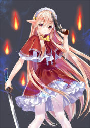 Rule 34 | 1girl, absurdly long hair, bad id, bad pixiv id, black background, blonde hair, bow, bowtie, dress, dual wielding, elf, fire, fire, frilled dress, frills, gun, hair between eyes, handgun, haneru, highres, holding, holding gun, holding sword, holding weapon, katana, long hair, looking at viewer, maid headdress, original, pantyhose, pointy ears, red dress, revolver, short sleeves, simple background, solo, standing, sword, trigger discipline, very long hair, weapon, white pantyhose, yellow bow, yellow bowtie