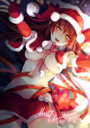 Rule 34 | 10s, 1girl, 2015, blush, breasts, brown eyes, brown hair, christmas, elbow gloves, female focus, fingerless gloves, fur trim, gloves, groin, hat, heart, large breasts, long hair, looking at viewer, lying, merry christmas, nakaichi (ridil), navel, no bra, no panties, on back, open mouth, original, outstretched arms, pointy ears, pom pom (clothes), red gloves, ribbon, santa costume, santa hat, solo