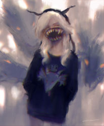 Rule 34 | 1girl, a song of ice and fire, alex chow, black shirt, cowboy shot, dragon, game of thrones, legs together, long hair, mask, mouth mask, original, print mask, print shirt, shirt, solo, standing, white hair