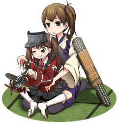 Rule 34 | 10s, 2girls, aircraft, airplane, archery, armor, blush, brown eyes, brown hair, emu (toran), highres, japanese clothes, kaga (kancolle), kantai collection, multiple girls, muneate, one eye closed, personification, ryuujou (kancolle), short hair, side ponytail, sitting, sitting on person, tatami, thighhighs, twintails, wink