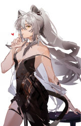 Rule 34 | 1girl, 9degree, absurdres, alternate costume, animal ears, arknights, black dress, breasts, cleavage, contrapposto, cowboy shot, dress, finger to mouth, grey hair, hair between eyes, highres, leg ribbon, long dress, long hair, medium breasts, parted lips, ponytail, ribbon, schwarz (arknights), side slit, sketch, solo, standing, strap slip, tail, thigh ribbon, v-neck, very long hair, white background, yellow eyes