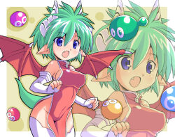 Rule 34 | 1girl, blue eyes, china dress, chinese clothes, draco centauros, dragon girl, dragon horns, dragon tail, dress, fang, gloves, green hair, hair between eyes, horns, kitsune choukan, no panties, open mouth, pointy ears, puyo (puyopuyo), puyopuyo, red wings, short hair, side slit, solo, tail, thighhighs, white gloves, white horns, white thighhighs, wings, zoom layer