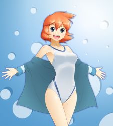 Rule 34 | 00s, 1girl, absurdres, armpits, blue background, blue eyes, breasts, creatures (company), game freak, gym leader, highres, jacket, jinteitei, misty (pokemon), nintendo, one-piece swimsuit, open clothes, open mouth, orange hair, pokemon, pokemon hgss, small breasts, smile, solo, swimsuit